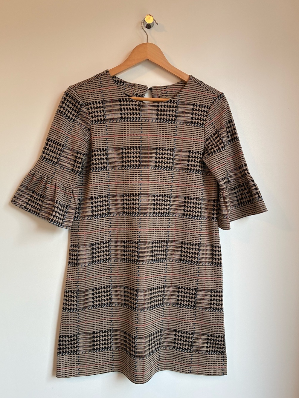 SIMONS Twik Plaid Shift Dress Ruffle Sleeve M